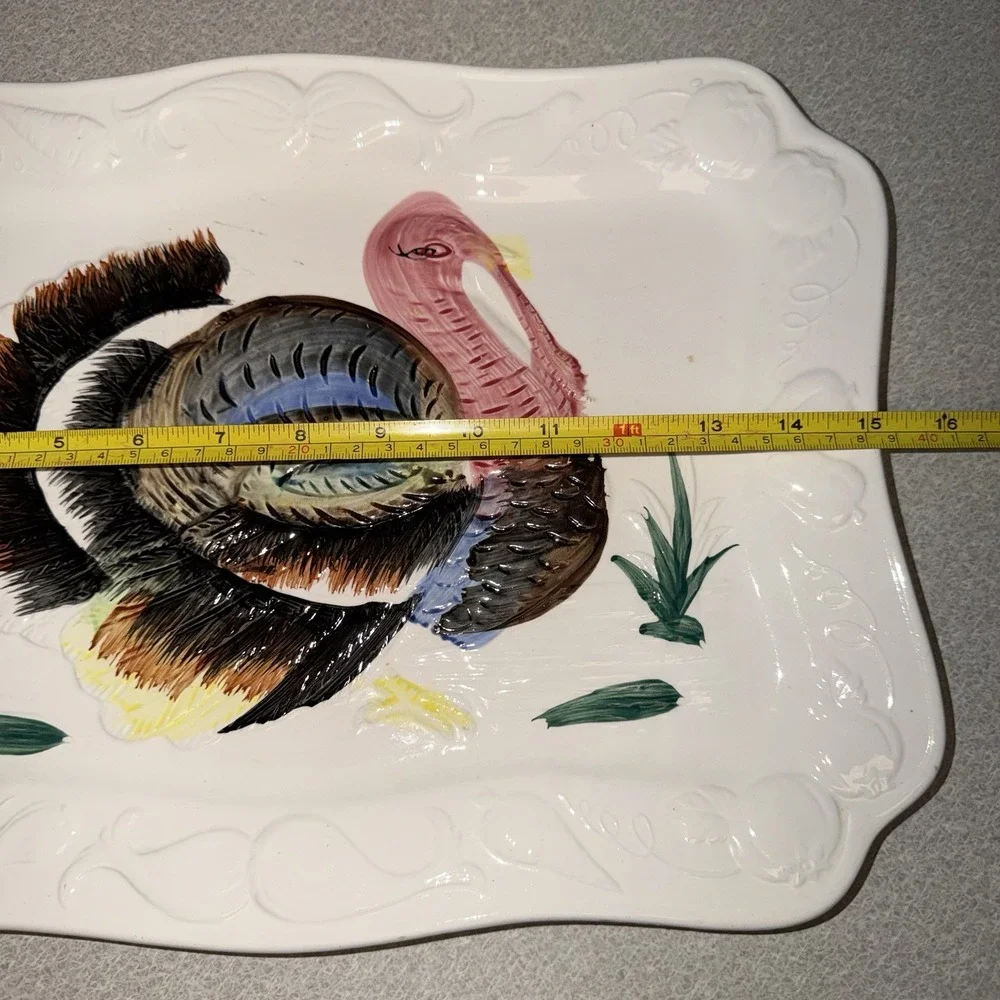 Turkey Embossed Vtg Hand Painted Colorful Ceramic Thanksgiving Tray Platter Fall